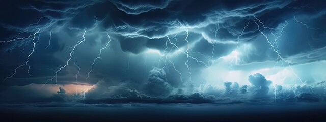 A dramatic stormy sky, with dark clouds swirling and lightning striking in the distance, creating a sense of danger and excitement