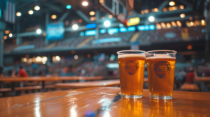Cinematic wide angle photograph of two beer pint glass Cinematic wide angle photograph of a beer pint glass at a basketball stadium. Product photography. Product photography. - obrazy, fototapety, plakaty