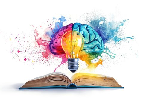 Collage open book, light bulb and brain for illustration of intelligent innovation ideas with colorful explosions on white background. Ai Generated