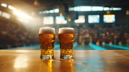 Cinematic wide angle photograph of two beer pint glass Cinematic wide angle photograph of a beer pint glass at an olympic gymnasthics stadium. Product photography. Product photography. - obrazy, fototapety, plakaty