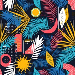 Bold Tropical Pattern with Geometric Shapes. Vibrant tropical leaves with geometric shapes on a dark background.