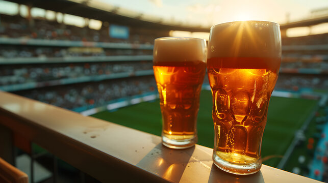 Cinematic wide angle photograph of two beer pint glass Cinematic wide angle photograph of a beer pint glass at a soccer stadium. Product photography. Product photography.