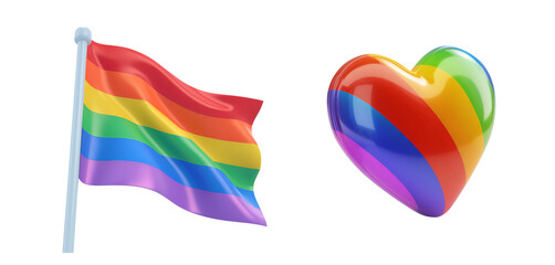Rainbow-Colored Heart and Gay Flag: A Simple Cartoon 3D Render of a Set of LGBT Pride Symbols, Isolated on Transparent Background, PNG