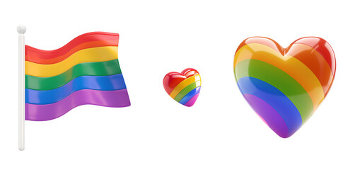 Heart and Gay Flag in Rainbow Colors: A Simple Cartoon 3D Render of LGBT Pride Symbols Set, Isolated on Transparent Background, PNG