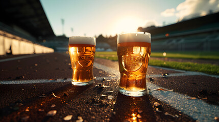 Cinematic wide angle photograph of two beer pint glass Cinematic wide angle photograph of a beer pint glass at a running track. Product photography. Product photography. - obrazy, fototapety, plakaty