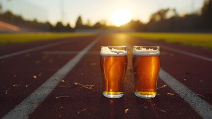 Cinematic wide angle photograph of two beer pint glass Cinematic wide angle photograph of a beer pint glass at a running track. Product photography. Product photography. - obrazy, fototapety, plakaty
