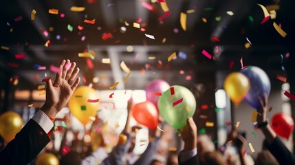 Banner of celebrate and victory to business success with colleagues, celebration party event with co-worker partner marketing team, winner successful with startup teamwork having smile