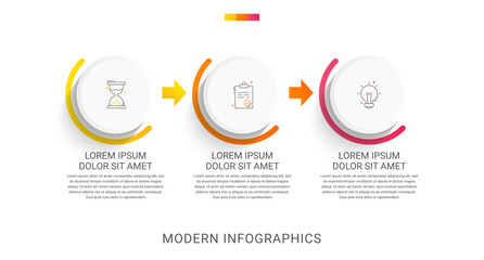 Business vector infographics with three circles and arrows. Timeline visualization with 3 steps for diagram, flowchart, banner, presentations, web, content, levels, chart, graphic