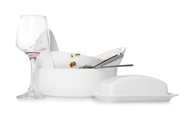 Set of dirty dishes isolated on white