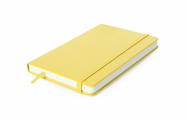 Closed notebook with blank yellow cover isolated on white