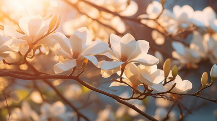 Beautiful magnolia tree blossoms in springtime. Jentle magnolia flower against sunset light. Romantic creative toned floral background - obrazy, fototapety, plakaty