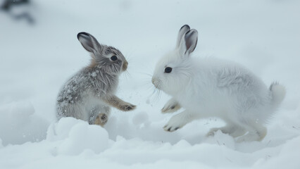 Obraz premium Snowy Frolic: A Baby Arctic Hare’s Playtime with Mother