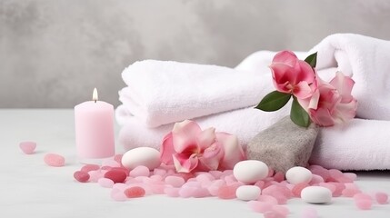 Obraz na płótnie Canvas Beautiful spa composition for Valentine's Day with flowers, towel, hearts and stones on light background