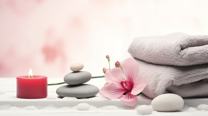 Beautiful spa composition for Valentine's Day with flowers, towel, hearts and stones on light background
