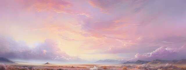 Fototapeta na wymiar A dreamy pastel sky, with soft pink and purple clouds floating above a tranquil landscape, evoking a sense of calm and tranquility