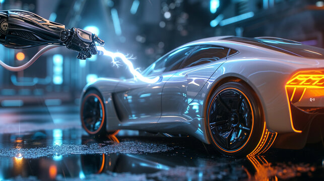 the robot shoots lightning from its hand at the car