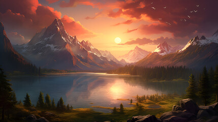 Fototapeta na wymiar sunrise over the lake,, sunset in the mountains