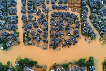 an aerial view of homes from the air after flooding damage foto, in the style of uhd image, extreme angle, dry wit humor, traditional --ar 76:51 --v 6 Job ID: d4727fa1-967b-4b98-971e-f946495c1600