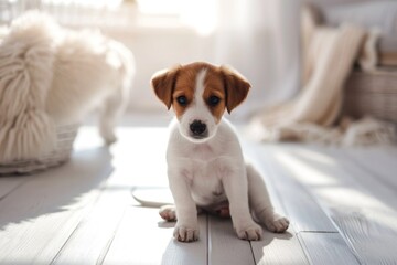 Adorable Jack Russell Terrier puppy sitting on the wooden floor at home looking at the camera with a curious expression in its eyes