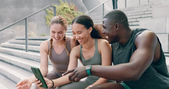 Fitness, phone and friends on steps for break from training or workout together or reading social media. Exercise, sports and performance tracker with athlete group laughing at app or meme on mobile