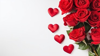 Fototapeta na wymiar Bouquet of red roses and hearts on white background. Valentine's day, banner format. Place for text