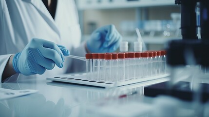 Blood test, science documents and hands in laboratory for healthcare results, research or review development. Scientist, medicine and writing medical results of dna investigation, paperwork