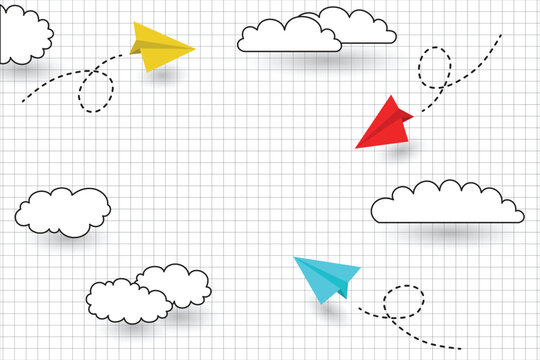 The background is a school notebook with a checkered pattern, paper airplanes of yellow, red and blue colors are flying over the paper among the clouds. The illustration imitates 3D.