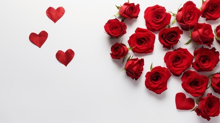 Bouquet of red roses and hearts on white background. Valentine's day, banner format. Place for text