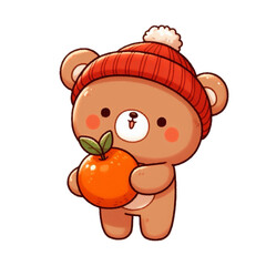 Cute little bear holding an orange fruit