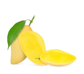 Mango fruits with slices and leaves isolated on white background.