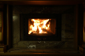 Fireplace with burning wood in darkness indoors