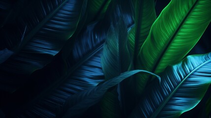 Close-up detail macro texture bright blue green leave tropical forest plant spathiphyllum cannifolium in dark nature background.Curve leaf floral botanical abstract desktop - obrazy, fototapety, plakaty