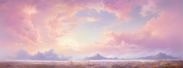 A dreamy pastel sky, with soft pink and purple clouds floating above a tranquil landscape, evoking a sense of calm and tranquility