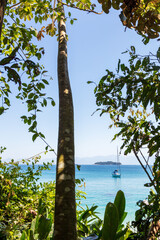 Landscape between foliage on a paradisiacal beach with an anchored boat. Praia do Dentista, Angra dos Reis, Rio de Janeiro, Brazil.