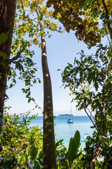 Landscape between foliage on a paradisiacal beach with an anchored boat. Praia do Dentista, Angra...