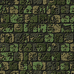 Seamless khaki green camouflage brick stone wall pattern with cracked destroyed old stones. Geometric background for fabric, textile. Grunge style. Not AI