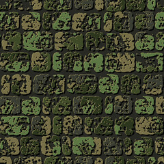 Obraz premium Seamless khaki green camouflage brick stone wall pattern with cracked destroyed old stones. Geometric background for fabric, textile. Grunge style. Not AI