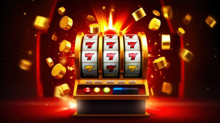 Online casino banner. The slot machine wins the jackpot. The concept of a big win. Golden chips. Generative AI - obrazy, fototapety, plakaty
