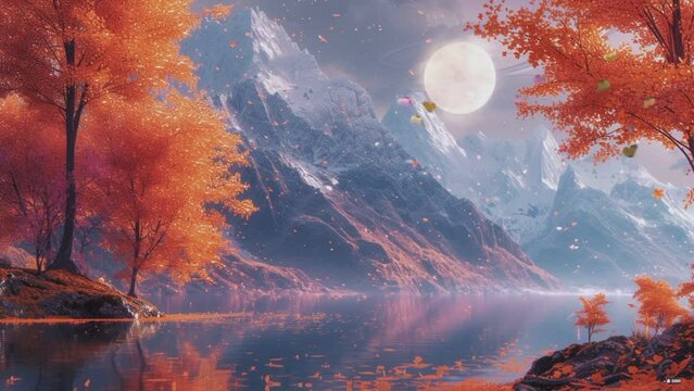 a picture of a fall landscape with trees mountain. seamless looping time-lapse animation video background