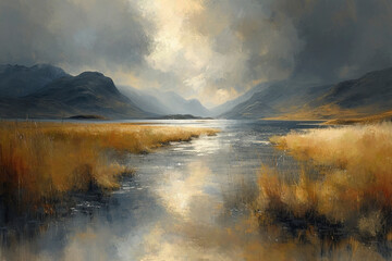 an impressionist style watercolour illustration of the iconic Scottish Highlands landscape - obrazy, fototapety, plakaty