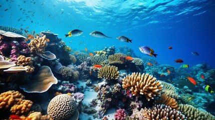 Colorful wide blue coral reef underwater world background with tropical fish and turtle. Wonderful indian ocean at Maldives diving travel tourism and snorkeling concept