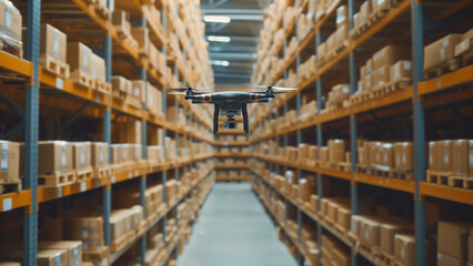 Obraz premium Futuristic Inventory: Drones Scanning Barcodes in a Warehouse