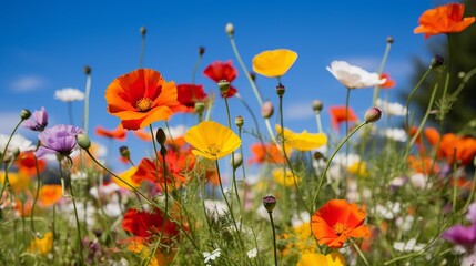 Colourful wildflowers blooming outside Savill Garden, Egham, Surrey, UK, photographed against a clear blue sky