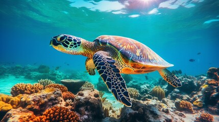Colorful wide blue coral reef underwater world background with tropical fish and turtle. Wonderful indian ocean at Maldives diving travel tourism and snorkeling concept - obrazy, fototapety, plakaty