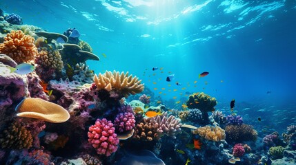 Fototapeta na wymiar Colorful wide blue coral reef underwater world background with tropical fish and turtle. Wonderful indian ocean at Maldives diving travel tourism and snorkeling concept