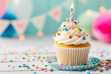 birthday cupcake with burning candle against festive decoration background
