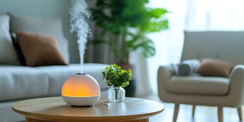 Humidifier on the table at home and spreading steam into the living room. Portable humidifier for clean air purification electric aroma diffuser. - obrazy, fototapety, plakaty