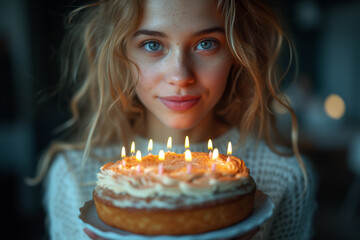smiling girl with beautiful wavy hair holds a birthday cake with burning candles