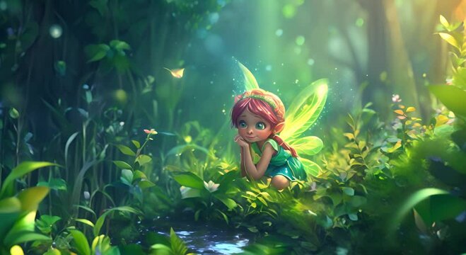 A little fairy in a fairy forest in a clearing near a stream watches butterflies. A cute little fairy with transparent wings sits in a forest clearing in the rays of the sun. Animation.