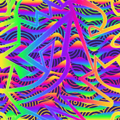 Neon colourful geometric wave. Seamless pattern - 729357925